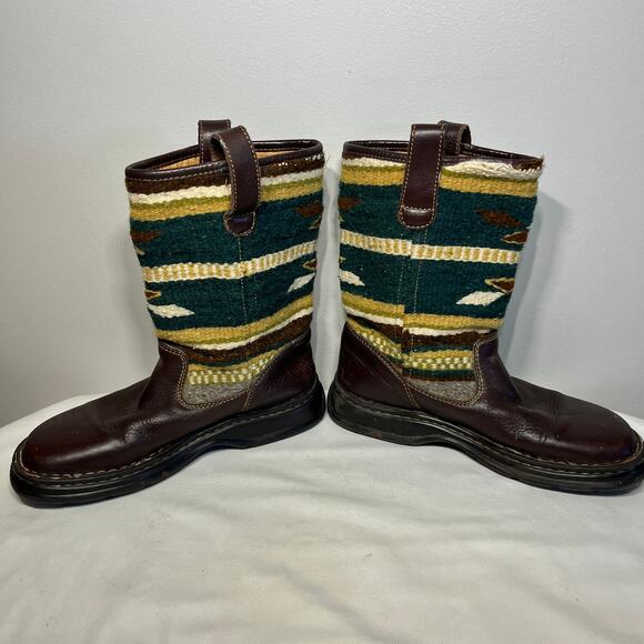 Born Boots Brown Leather Wool Blanket Aztec Western Boho Mid Calf Pull On 8M/39 - Picture 2 of 8